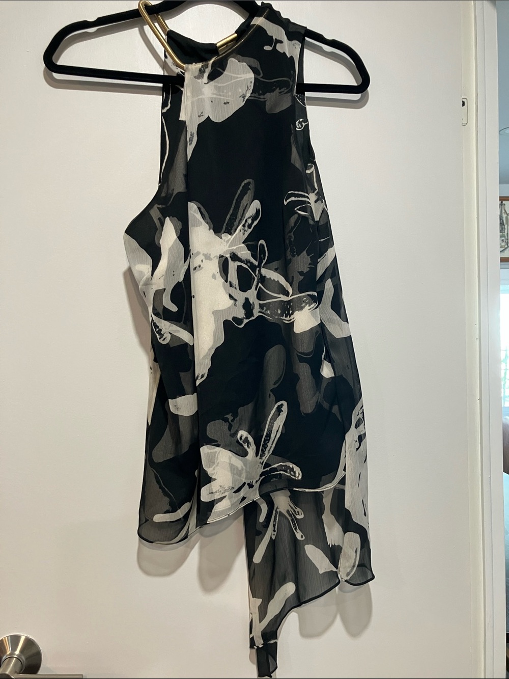 Halston Heritage Black and White Floral Asymmetric Halter Dress